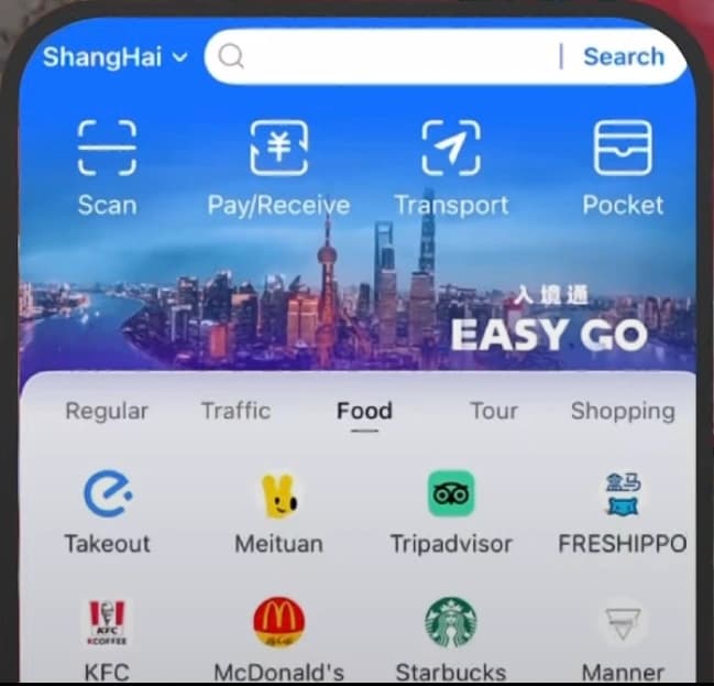Shanghai Easy Go Food Features - Screenshot showing Meituan, Tripadvisor, Starbucks and McDonald's apps integrated for food ordering and restaurant discovery